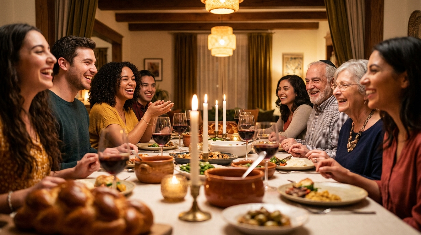 A warm group of people gathered around a Shabbat table, smiling and sharing the experience together