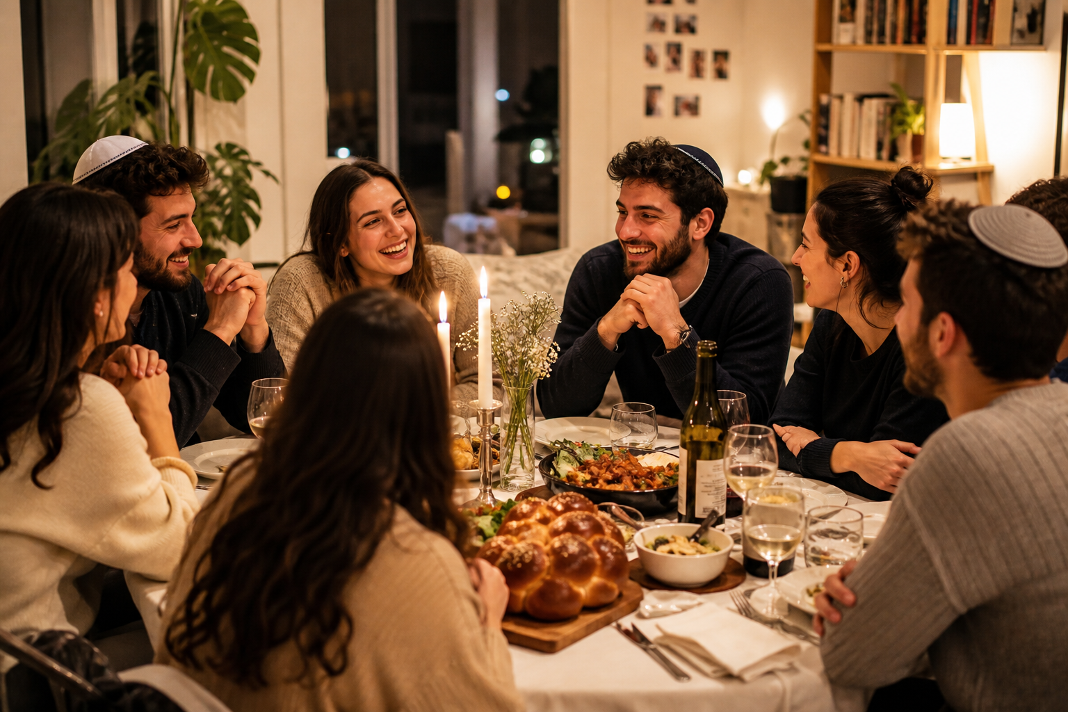 Young adults celebrating together around a warm Shabbat dinner table